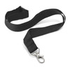A black lanyard with a metal clip, featuring a sturdy fabric strap and a plastic clip for attachment.