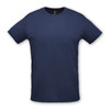 A navy unisex T-shirt with a crew neck and short sleeves, featuring a logo on the neckline.