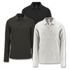 Three women's long sleeve polo shirts in black, olive green, and light grey, featuring a logo on the collar.