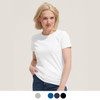 A white women's t-shirt with a round neckline and short sleeves, styled with denim jeans. Includes a branding logo.
