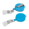 A blue Alta Retractable ID holder featuring a clip and a clear strap for securing identification cards.