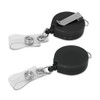 A black retractable ID holder with a clip and transparent strap, featuring a simple design and a small branding logo.