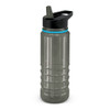 A drink bottle in grey with a black lid and a turquoise accent, featuring a straw and ribbed design.