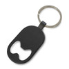A black bottle opener key ring featuring a circular keychain and a bottle opener design. It includes a logo.