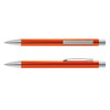 An orange metal pen with silver accents, featuring a clip and a sleek design.