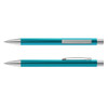 A metal pen in a vibrant teal colour with silver detailing and a clip. It features a sleek, modern design.