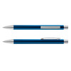 A sleek metal pen with a vibrant blue finish and silver accents, featuring a smooth clip for easy attachment.