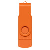 An orange Helix 8GB dual flash drive with a swivel design and a loop for attachment.