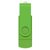 A green Helix 8GB dual flash drive with a swivel design and a circular button. It features a logo on the surface.