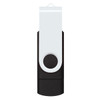 A dual flash drive in black and white, featuring a clip design and a circular button, with a logo present.