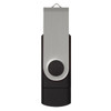 A black and silver Helix 8GB dual flash drive with a metal clip and circular button, featuring a logo.
