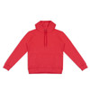 A unisex hoodie in vibrant red with a front pocket and an adjustable hood. Includes a logo detail.