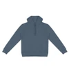 A unisex hoodie in a muted blue hue, featuring a front pocket and a hood, with a logo on the chest.