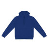 A blue unisex hoodie featuring a front pocket and a hood, with a drawstring and branding present.