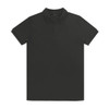 A black polo shirt features a classic collar and short sleeves, with a subtle logo on the chest.