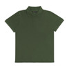 A dark green women's polo shirt with a collar and three-button placket, featuring a logo.