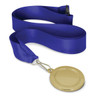 A podium medal with a 50mm gold-colored disc attached to a blue ribbon.