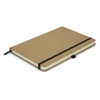 A beige notebook with a black elastic band, featuring a textured cover and a ribbon bookmark.