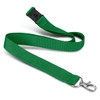 A green soft touch lanyard with a metal clip and an adjustable breakaway feature.