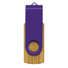 A purple and bamboo flash drive featuring a swivel design and a circular hole for easy attachment.