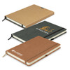 Three hard cover notebooks in varying colours: one brown, one dark green, and another tan, each with a logo.