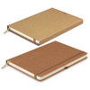 A recycled hard cover notebook in brown with a light brown ribbon bookmark and an elastic closure.