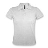 A light grey women's polo shirt with short sleeves and a collar, featuring a logo on the chest area.
