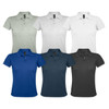 Six women's polo shirts in grey, white, green, blue, dark teal, and charcoal, each with a logo.