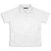 A white women's polo shirt with short sleeves and a collar, featuring a logo on the chest.