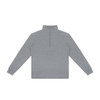A grey unisex quarter zip jumper with long sleeves and a high collar. It features a central zip and ribbed cuffs.