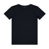 A plain navy youth T-shirt with a round neckline and short sleeves, featuring a logo on the label.