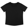 A black women's T-shirt with a round neckline and short sleeves, featuring a logo.
