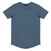 A blue men's T-shirt with short sleeves and a rounded neckline, featuring a logo.