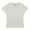 A light grey women's t-shirt with a v-neck design, featuring a logo on the neckline.