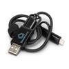 A braided charging cable in black, featuring a USB connector and a lightning connector, with a logo.