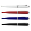 A collection of four plastic pens in white, red, blue, and black, each featuring a silver clip and trim.