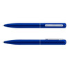 A blue metal pen with a sleek design, featuring a silver clip and a polished barrel. It includes a logo.