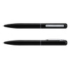 A black metal pen with a sleek design, featuring a silver clip and detailing. The pen is presented from two angles.