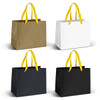 Medium ribbon handle paper bags in gold, white, and black, featuring yellow handles, displayed in four variations.