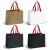 Medium ribbon handle paper bags in khaki, white, and black, with red ribbon handles, displayed in a grid layout.