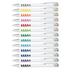A collection of white barrel pens in various colours, featuring a sleek design and silver accents.