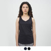 A black women's sports tank top is displayed, featuring a simple design and a logo.