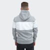 A grey and white Fairmount unisex hoodie with a hood, featuring a striped design on the back.