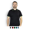 A black men's polo shirt with green trim on the collar and sleeves. Features a logo.