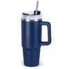 A drink bottle in navy blue with a clear lid, a metal straw, and a sturdy handle. It features a logo.