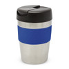 A drink bottle featuring a stainless steel body with a blue silicone grip and a black lid. The capacity is 340ml.