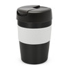 A drink bottle featuring a black exterior with a white band and a black, hinged lid. The capacity of the cup is 340ml.