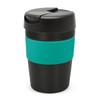 A drink bottle with a black lid, black base, and a teal band around the middle. It has a logo on the side.