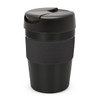 A drink bottle with a black lid and a textured grip band, featuring a sleek design. The capacity is 340ml.
