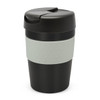 A drink bottle with a black body, grey band, and a black lid, featuring a logo. Holds 340ml.